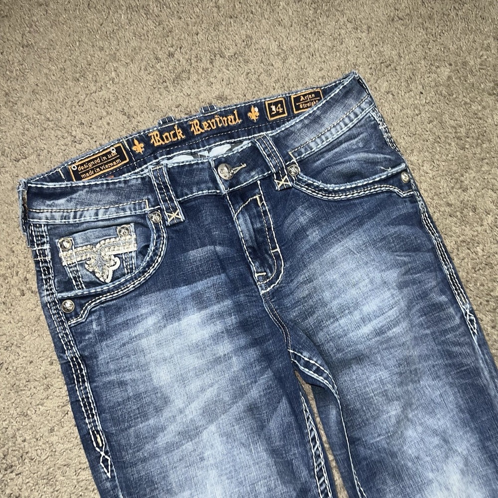 Rock Revival Arjan A203 Straight Stretch Premium Blue Jeans Mens Size 34x30